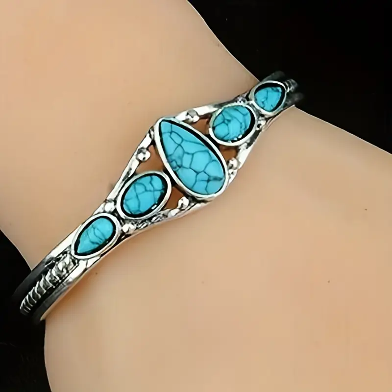 Blue Opal Stone Bracelet in Polished Silver