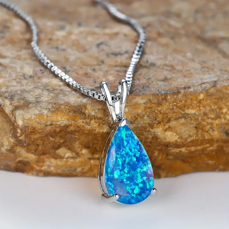 Blue Opal Teardrop Pendant Necklace in Silver