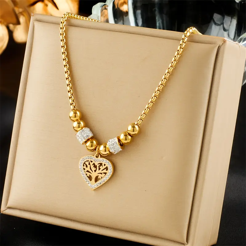 Golden Heart Necklace with Tree of Life and Zirconia Accents