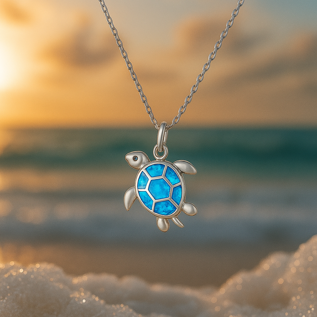 Blue Opal Turtle Pendant Necklace in Sterling Silver