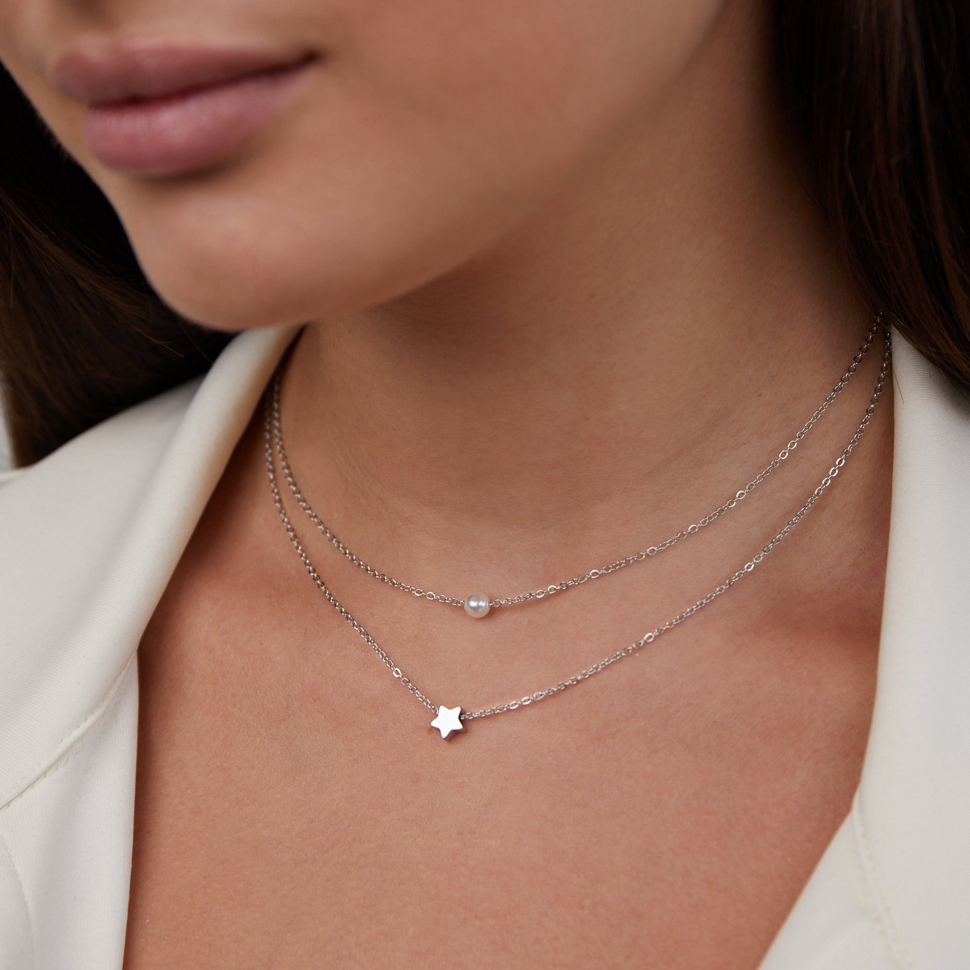 Multi-layered Silver Star and Pearl Necklace