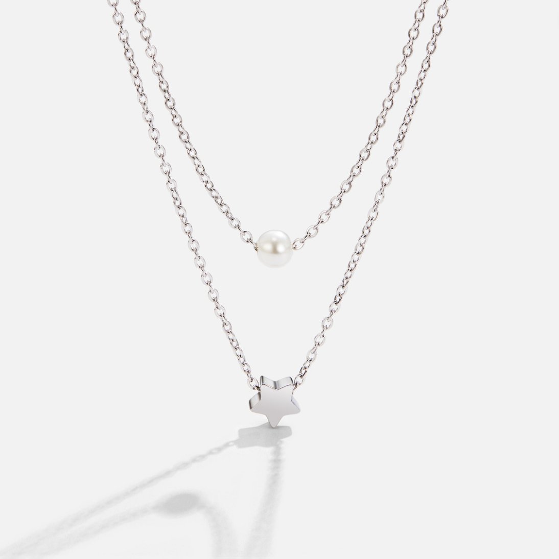 Multi-layered Silver Star and Pearl Necklace