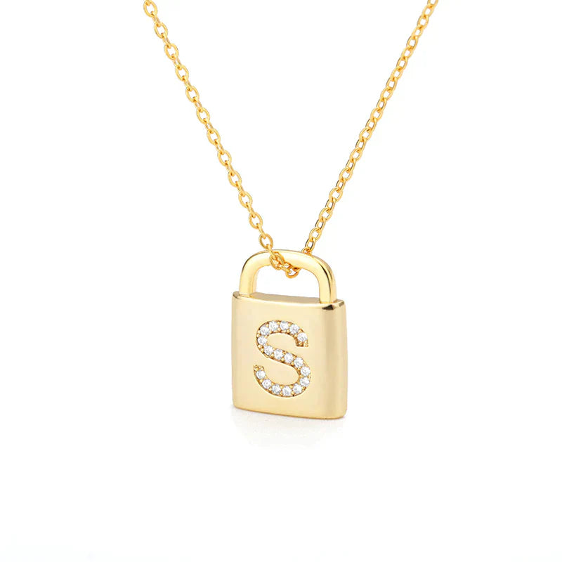 Gold Initial Lock Pendant Necklace