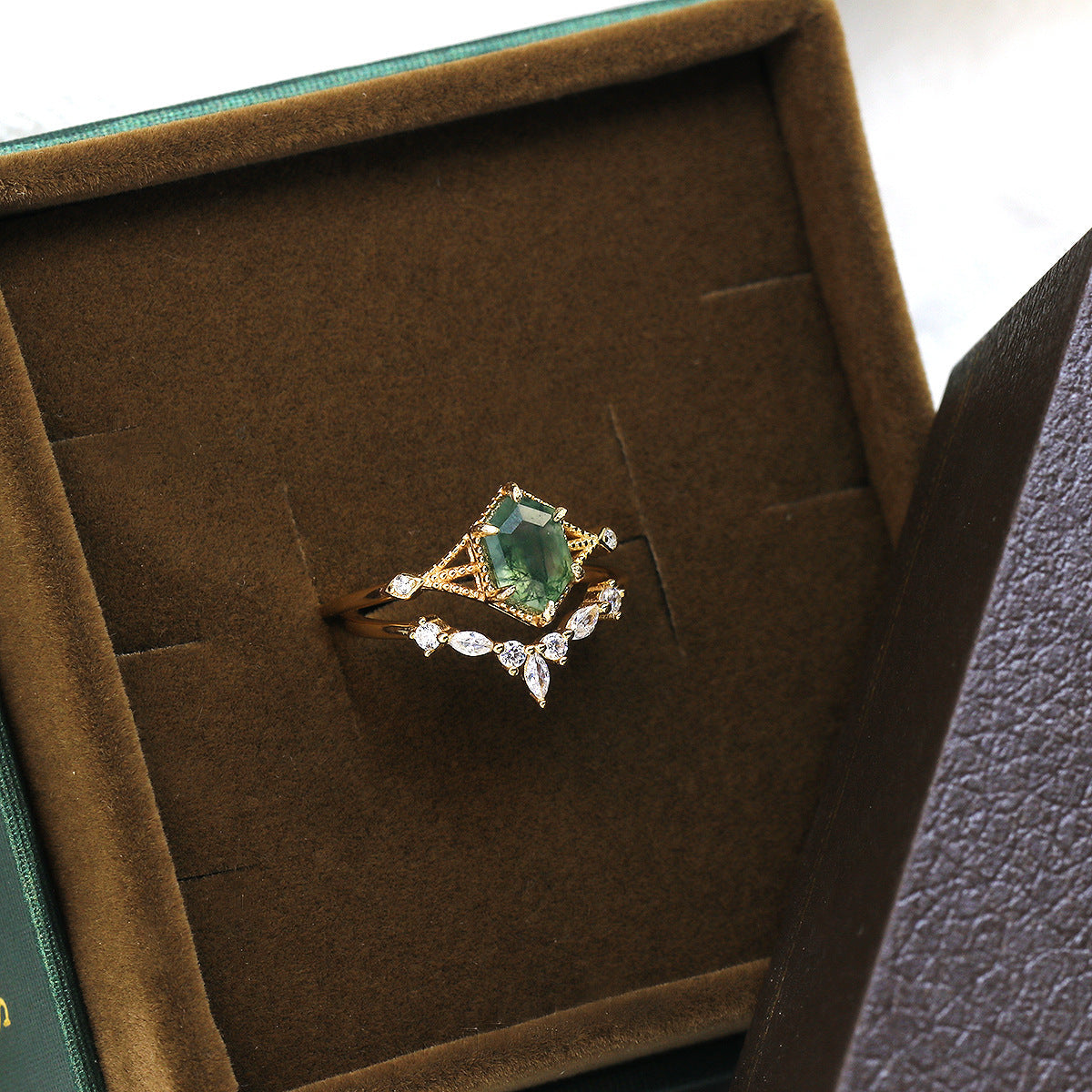 Elegant ring with natural green moss agate