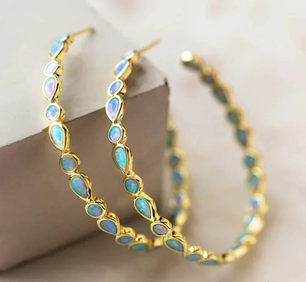 Vintage-Inspired Gold Hoop Earrings with Opal Accents