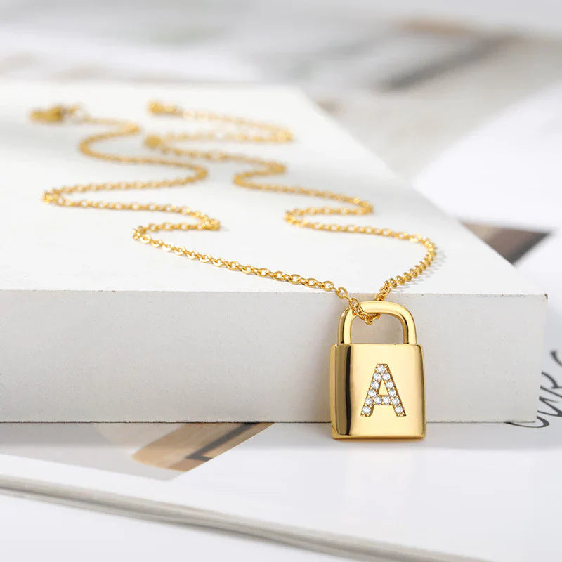 Gold Initial Lock Pendant Necklace