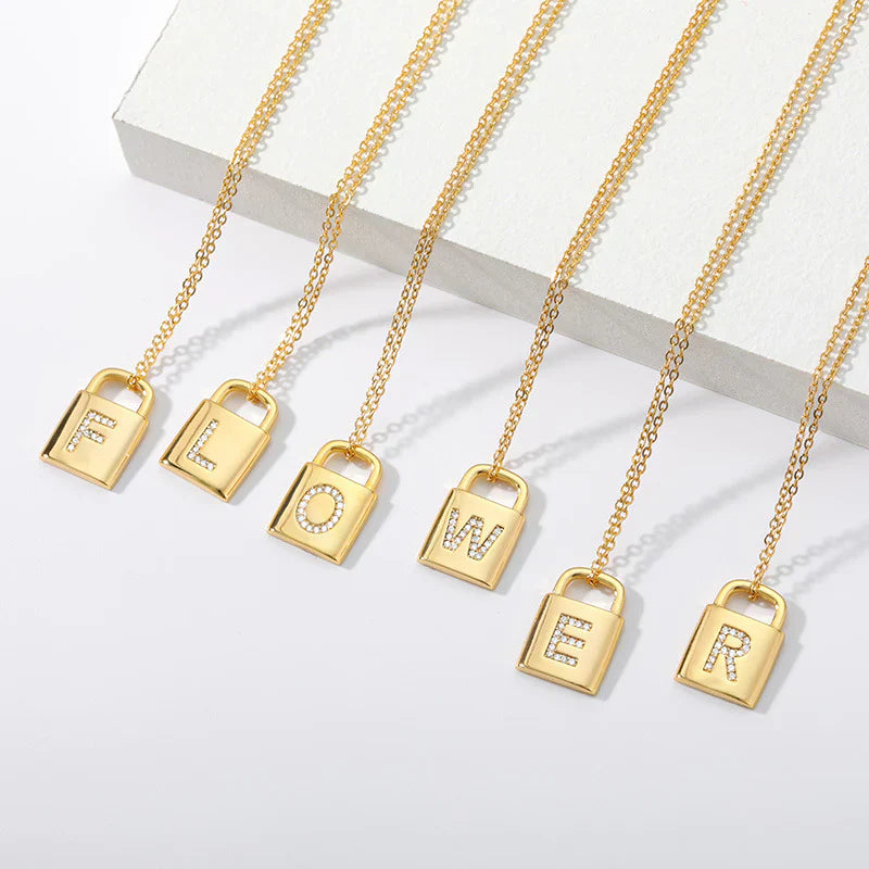 Gold Initial Lock Pendant Necklace